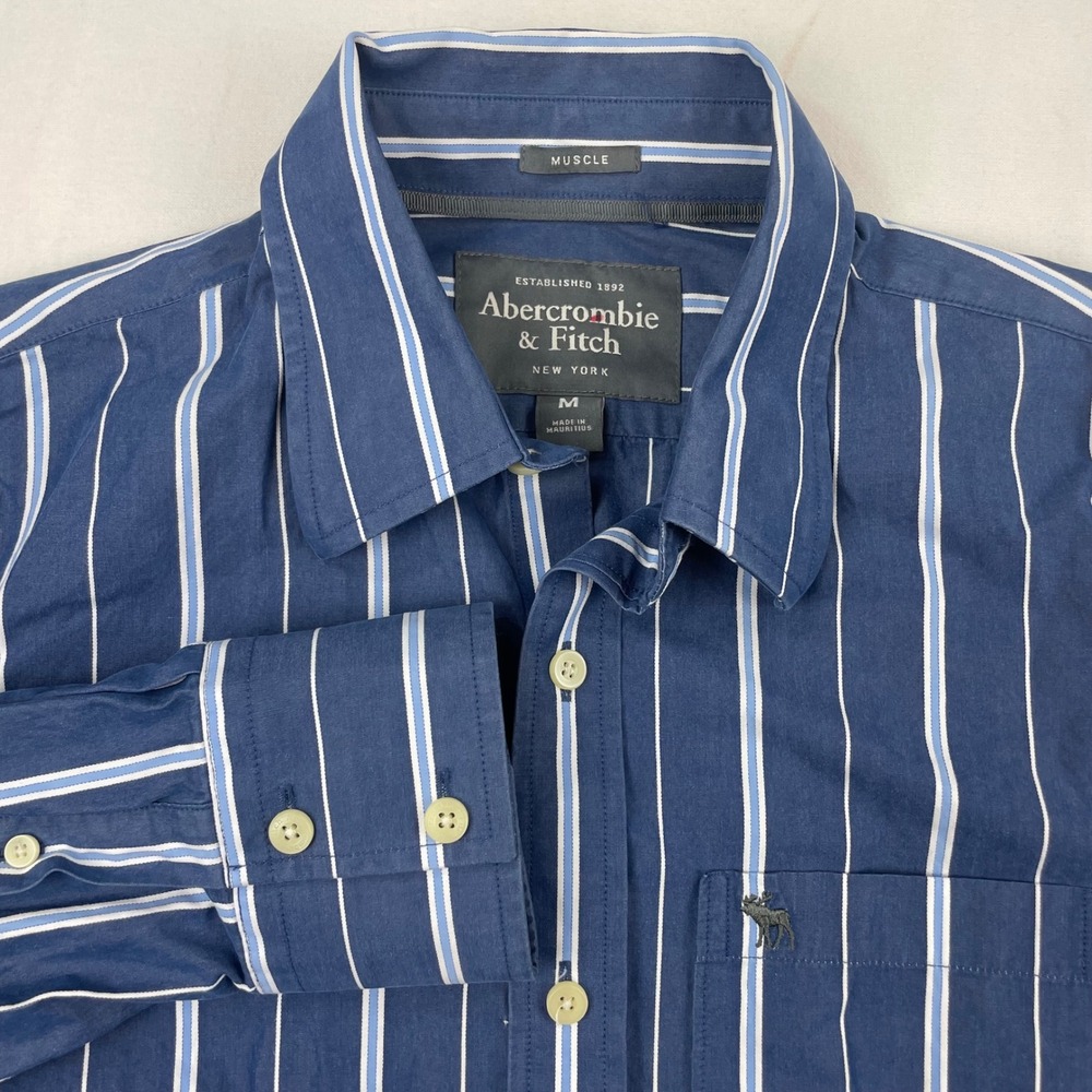 Abercrombie‎ & Fitch Mens Muscle Fit Striped Button Down Shirt Navy Blue Size M